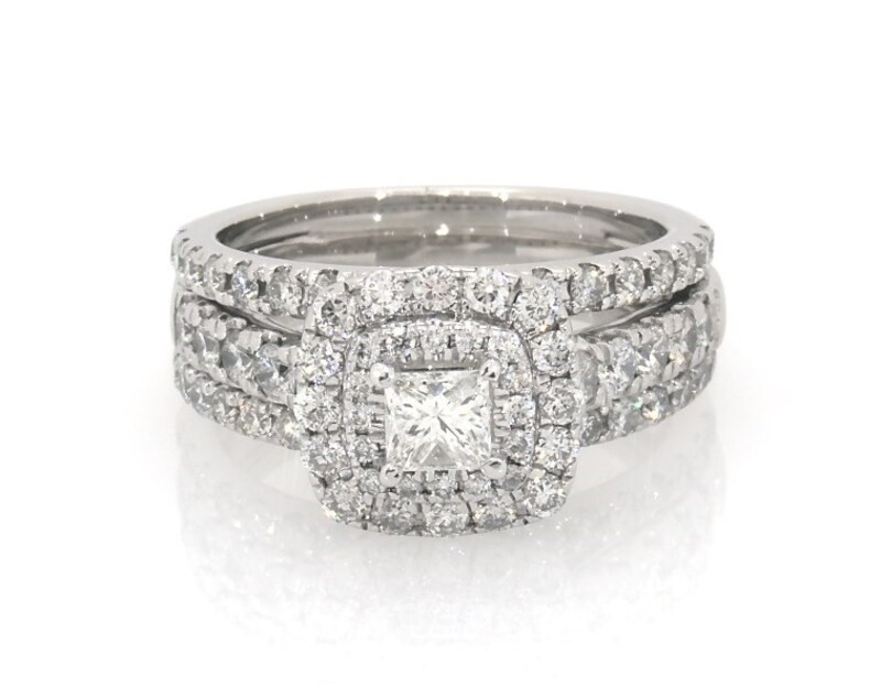 Main Image 1 of Previously Owned Princess-Cut Diamond Double Halo Bridal Set 1-3/8 ct tw 10K White Gold Size 6