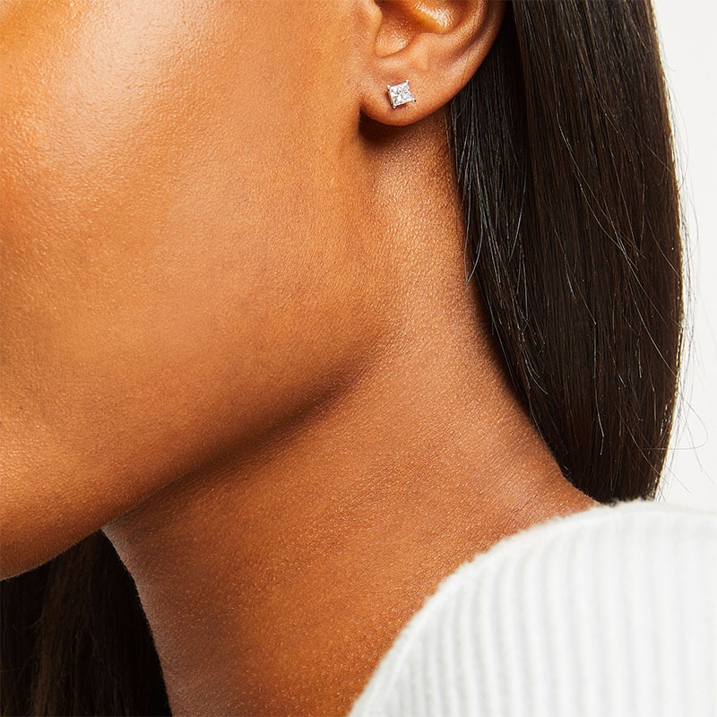 Main Image 5 of Previously Owned KAY Lab-Grown Diamonds Princess-Cut Solitaire Stud Earrings 3/4 ct tw 14K White Gold (F/SI2)