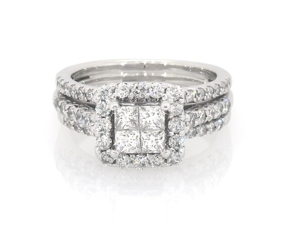 Previously Owned Princess-Cut Quad Diamond Halo Bridal Set 1-1/4 ct tw 10K White Gold Size 5.5