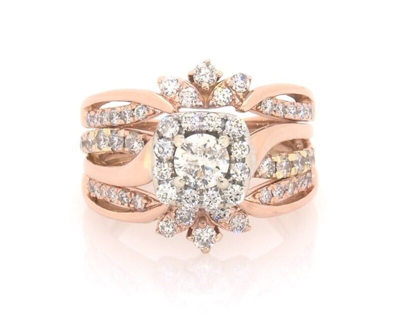 Main Image 1 of Previously Owned Round-Cut Diamond Starburst Halo Bridal Set 1 ct tw 14K Two-Tone Gold Size 5