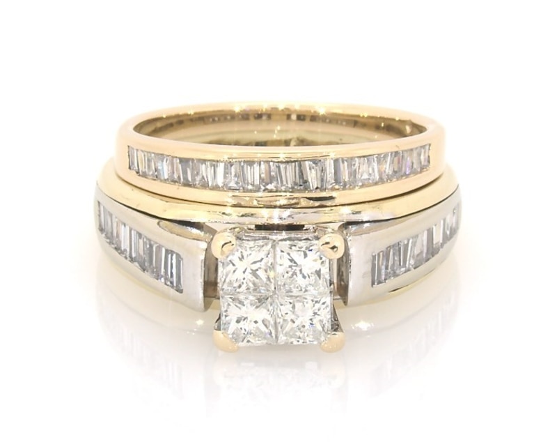 Main Image 1 of Previously Owned Princess-Cut Quad Diamond Bridal Set 1-1/2 ct tw 14K Two-Tone Gold Size 5.75