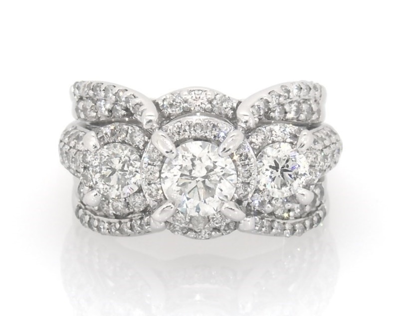 Main Image 1 of Previously Owned Round-Cut Diamond Three-Stone Halo Bridal Set 2-3/8 ct tw 14K White Gold Size 6
