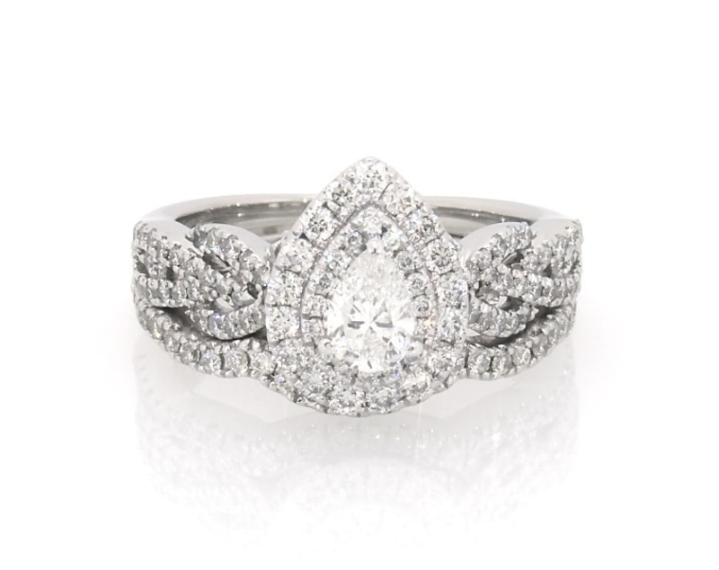 Main Image 1 of Previously Owned Neil Lane Pear-Shaped Diamond Double Halo Braided Bridal Set 7/8 ct tw 14K White Gold Size 5.5