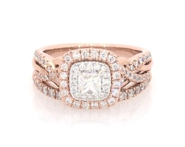Previously Owned Princess-Cut Double Halo Bridal Set 7/8 ct tw 14K Two-Tone Gold & 10K Rose Gold Size 6