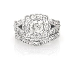 Previously Owned Round-Cut Diamond Scalloped Halo Bridal Set 1-1/4 ct tw 10K White Gold Size 3.75