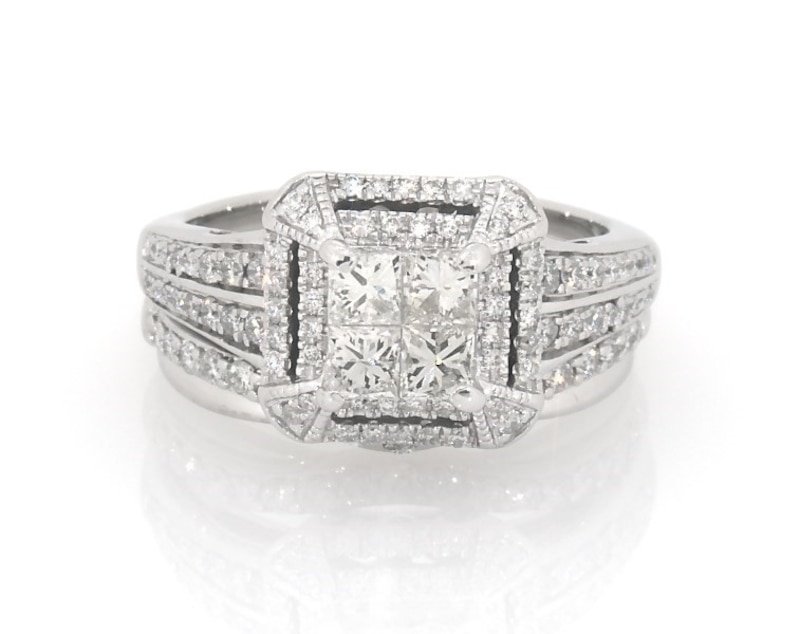 Main Image 1 of Previously Owned Princess-Cut Quad Diamond Bridal Set 1-1/5 ct tw 14K White Gold Size 6.75