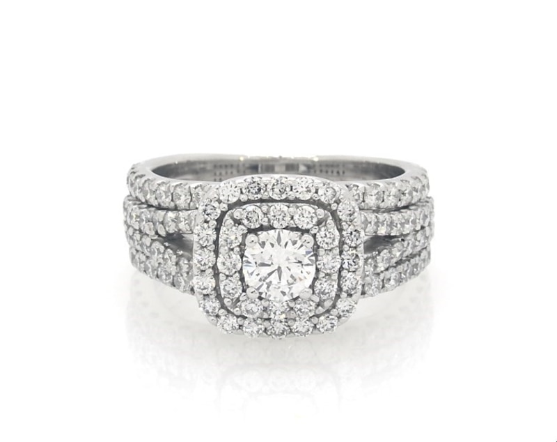 Main Image 1 of Previously Owned Round-Cut Lab-Grown Diamond Cushion Halo Bridal Set 1-3/8 ct tw 14K White Gold Size 4.75