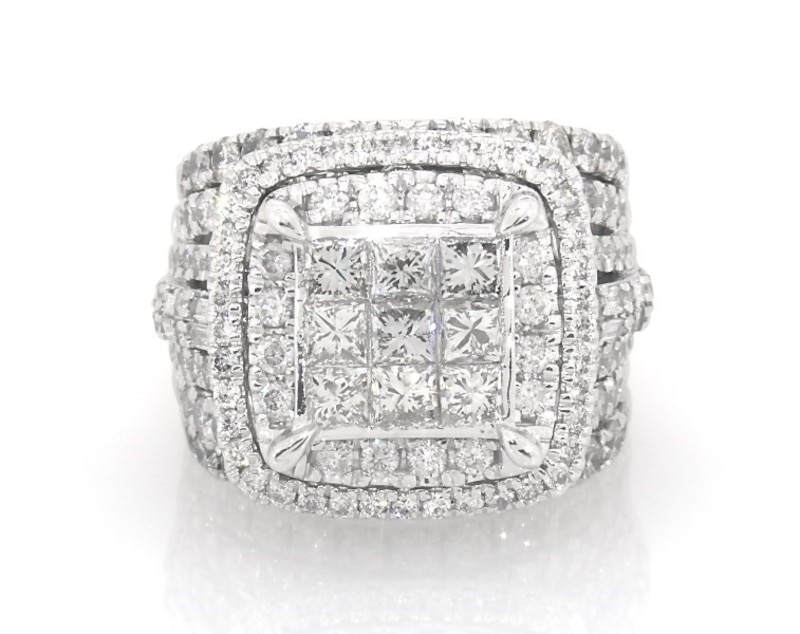 Main Image 1 of Previously Owned Princess-Cut Multi-Diamond Double Halo Bridal Set 3-7/8 ct tw 10K White Gold Size 6.75