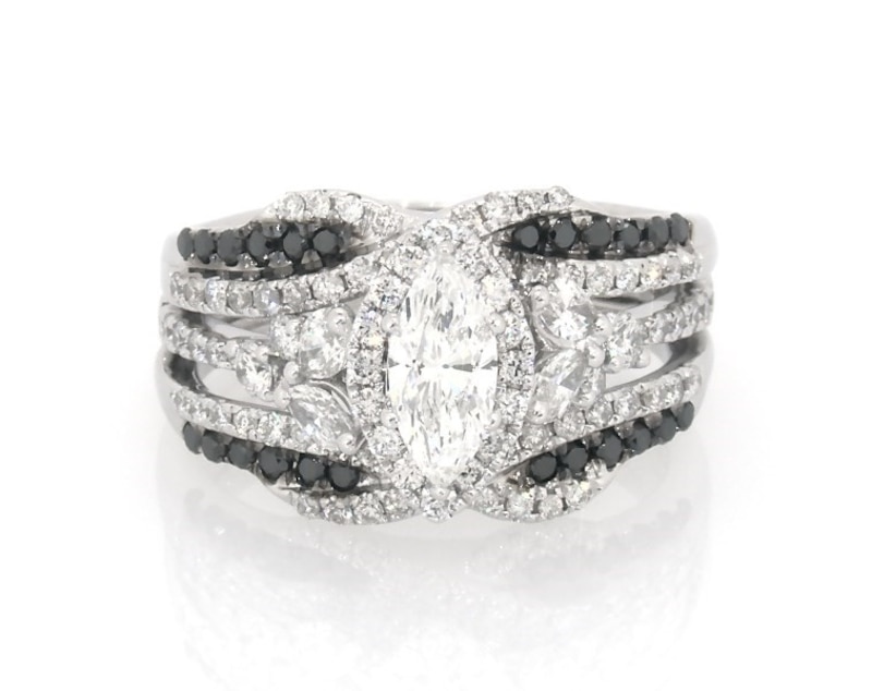 Main Image 1 of Previously Owned Marquise-Cut White & Black Diamond Halo Bridal Set 1-5/8 ct tw 14K & 18K White Gold Size 6.75