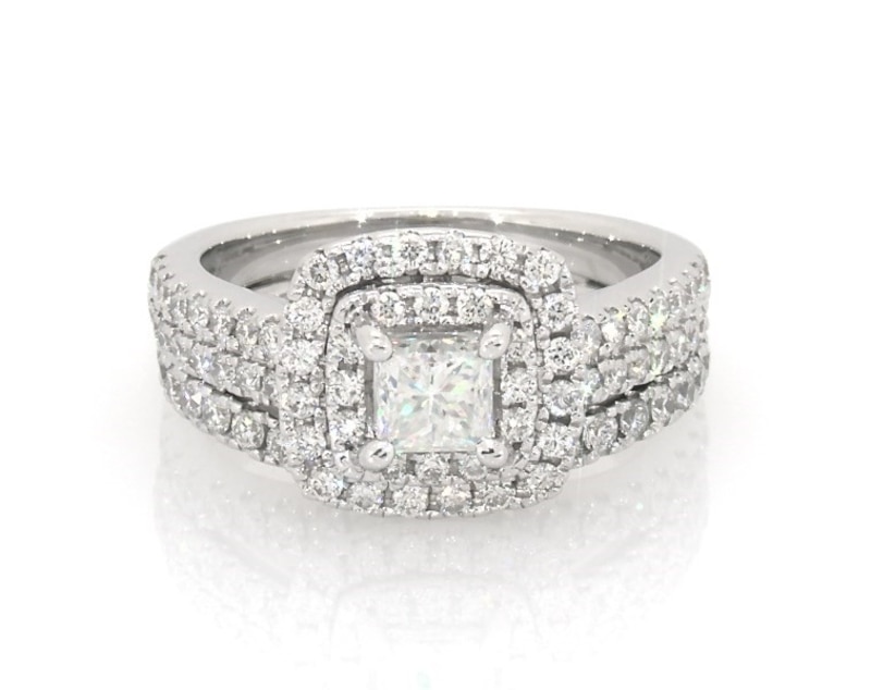 Main Image 1 of Previously Owned Princess-Cut Diamond Double Halo Bridal Set 1-1/5 ct tw 14K White Gold Size 5.5