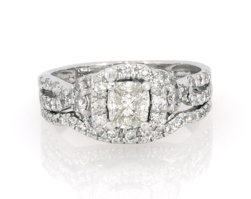 Main Image 1 of Previously Owned Pie-Cut Multi-Diamond Halo Bridal Set 7/8 ct tw 14K White Gold Size 5.75