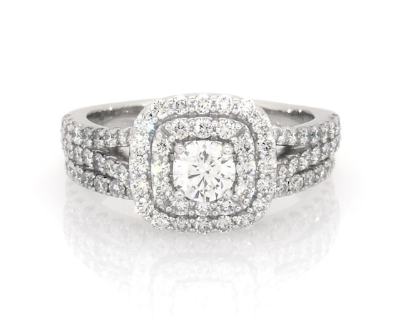Previously Owned Round-Cut Lab-Grown Diamond Double Halo Bridal Set 1-1/5 ct tw 14K White Gold 6