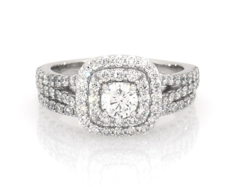 Main Image 1 of Previously Owned Round-Cut Lab-Grown Diamond Double Halo Bridal Set 1-1/5 ct tw 14K White Gold Size 6