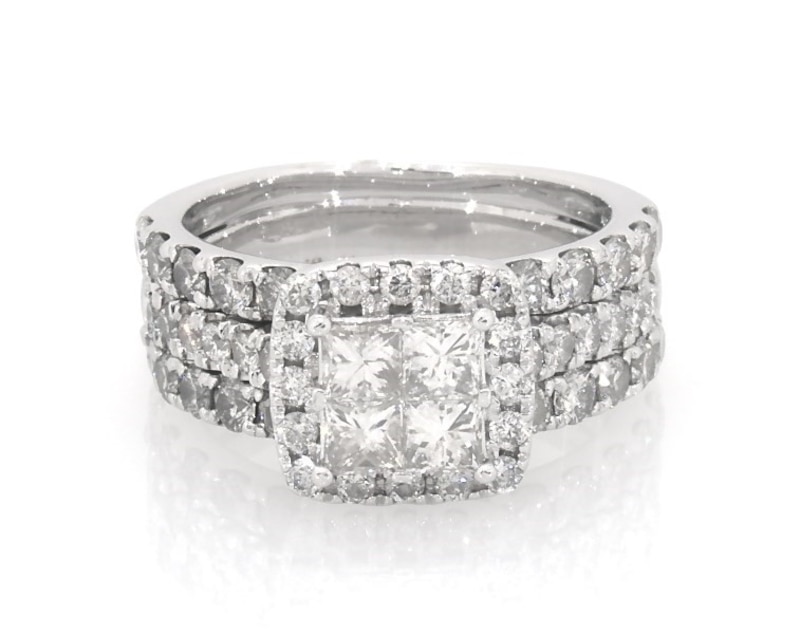 Main Image 1 of Previously Owned Princess-Cut Quad Diamond Halo Bridal Set 1-7/8 ct tw 14K White Gold Size 5.25