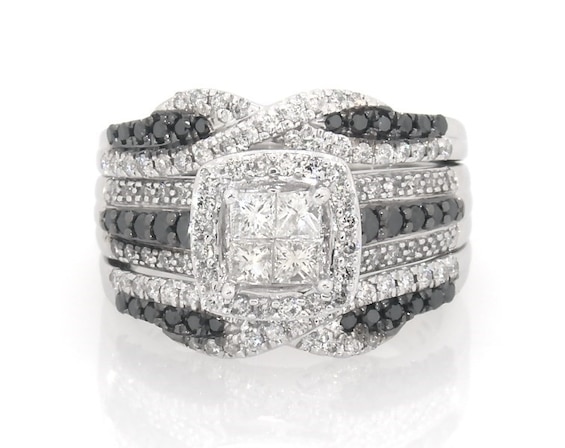 Previously Owned Princess-Cut Quad White & Black Diamond Bridal Set 1-1/8 ct tw 14K Gold 7