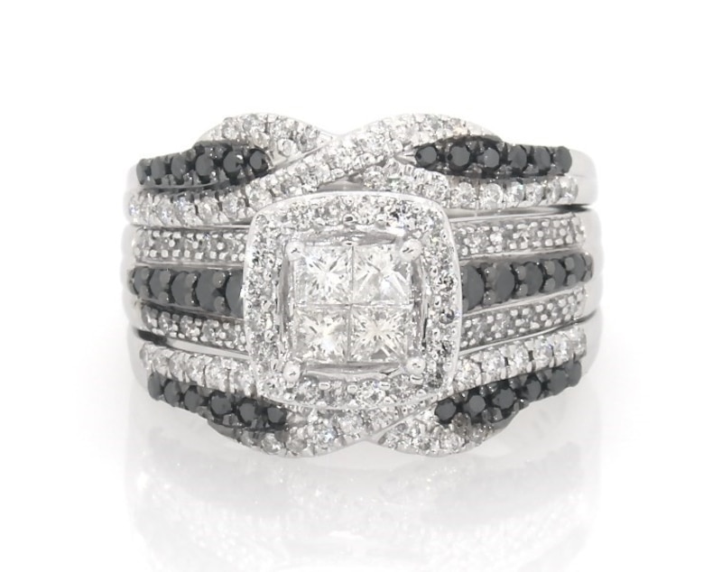 Main Image 1 of Previously Owned Princess-Cut Quad White & Black Diamond Bridal Set 1-1/8 ct tw 14K White Gold Size 7