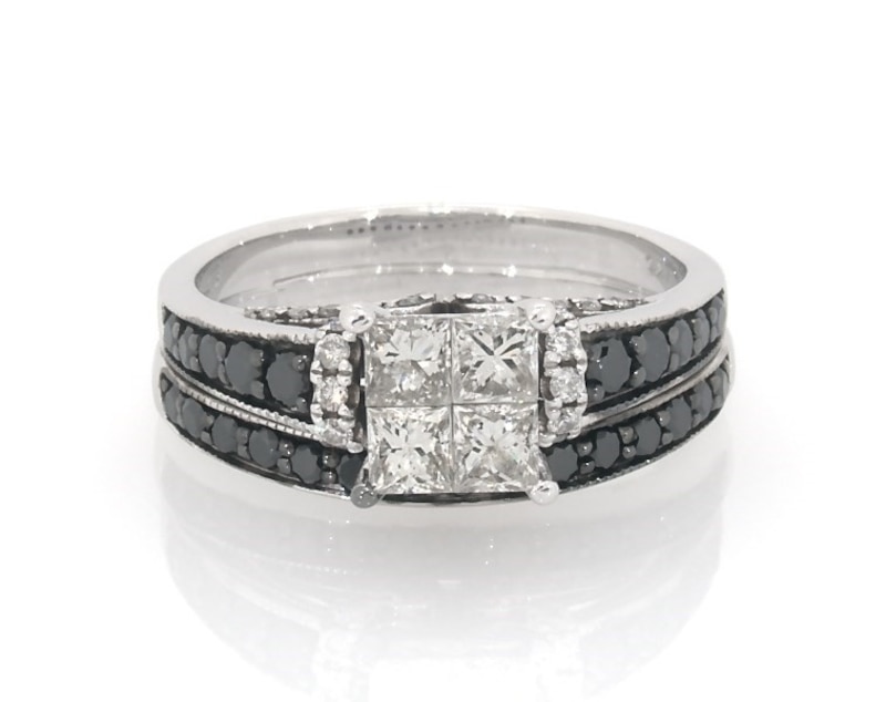 Main Image 1 of Previously Owned Princess-Cut Quad White & Black Diamond Bridal Set 1-1/5 ct tw 14K White Gold Size 6.25
