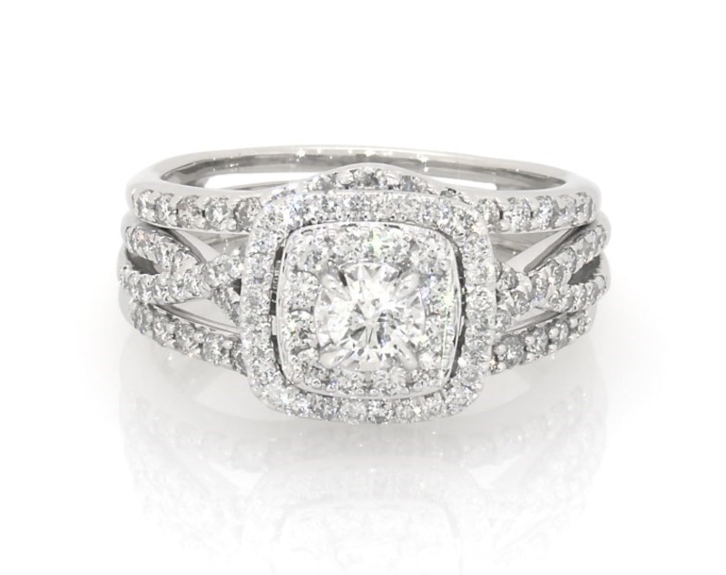 Main Image 1 of Previously Owned Round-Cut Diamond Double Halo Bridal Set 1-1/4 ct tw 14K White Gold Size 8