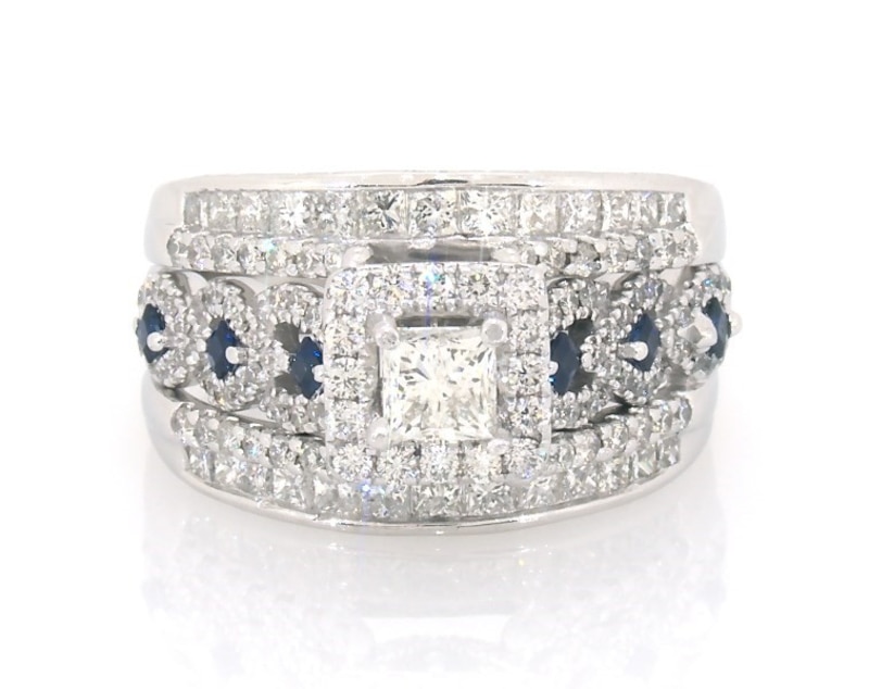 Main Image 1 of Previously Owned Princess-Cut Diamond & Blue Sapphire Bridal Set 1-7/8 ct tw 14K White Gold Size 7.75