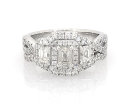 Previously Owned Neil Lane Emerald-Cut Diamond Three-Stone Halo Bridal Set 1-7/8 ct tw 14K White Gold Size 7.75