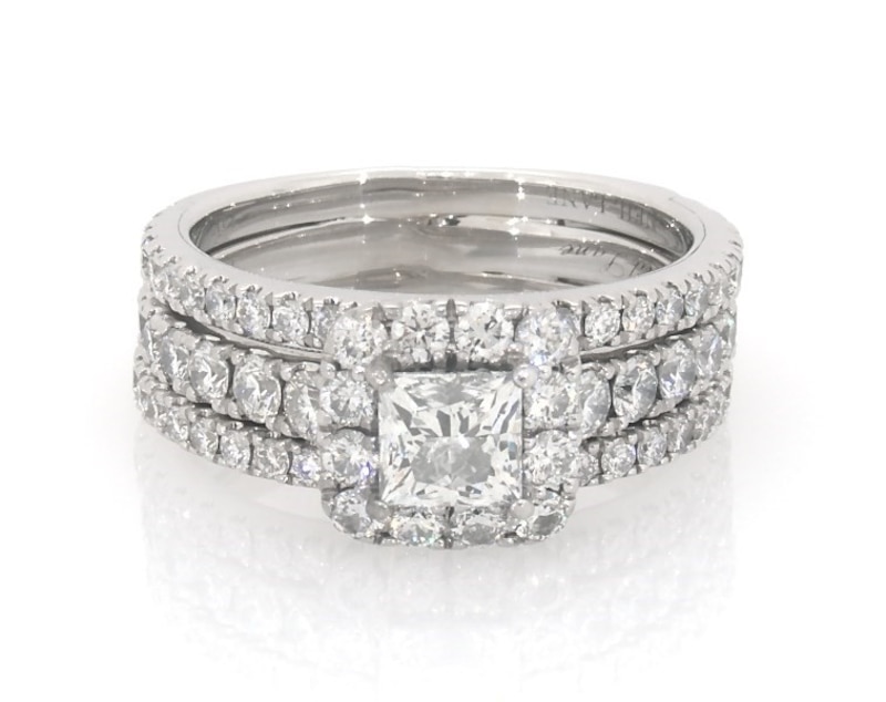 Main Image 1 of Previously Owned Neil Lane Princess-Cut Diamond Halo Engagement Ring 2-1/4 ct tw 14K White Gold Size 6.75