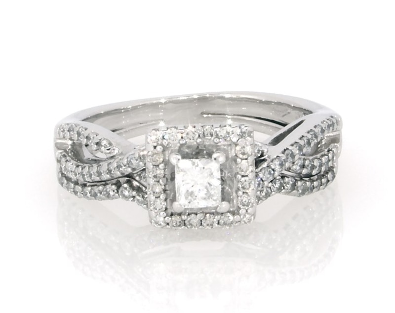 Main Image 1 of Previously Owned Princess-Cut Diamond Halo Bridal Set 1/2 ct tw 14K White Gold Size 5.5