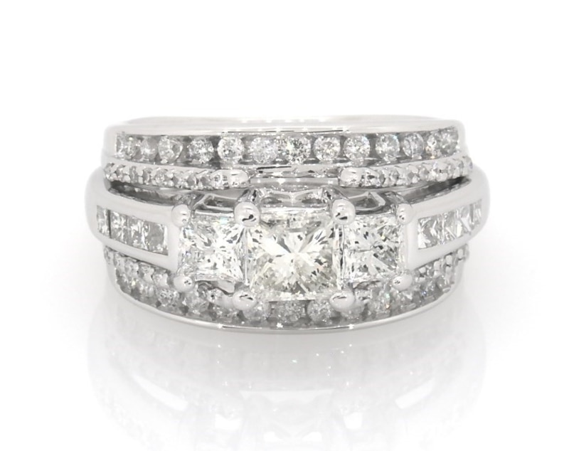 Main Image 1 of Previously Owned Princess-Cut Diamond Three-Stone Engagement Ring 1 7/8 ct tw 14K White Gold Size 6.5
