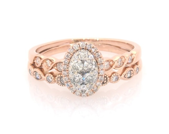 Previously Owned Multi-Diamond Oval Halo Bridal Set 1/2 ct tw 10K Two-Tone Gold Size 7.25