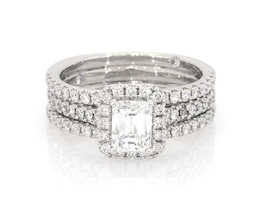 Previously Owned THE LEO Emerald-Cut Diamond Halo Bridal Set 1-3/4 ct tw 14K White Gold Size 7