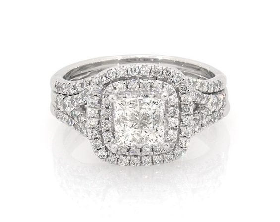 Previously Owned Princess-Cut Quad Diamond Double Halo Bridal Set 1-5/8 ct tw 14K White Gold Size 9.25