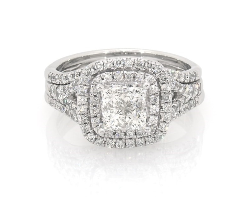 Main Image 1 of Previously Owned Princess-Cut Quad Diamond Double Halo Bridal Set 1-5/8 ct tw 14K White Gold Size 9.25