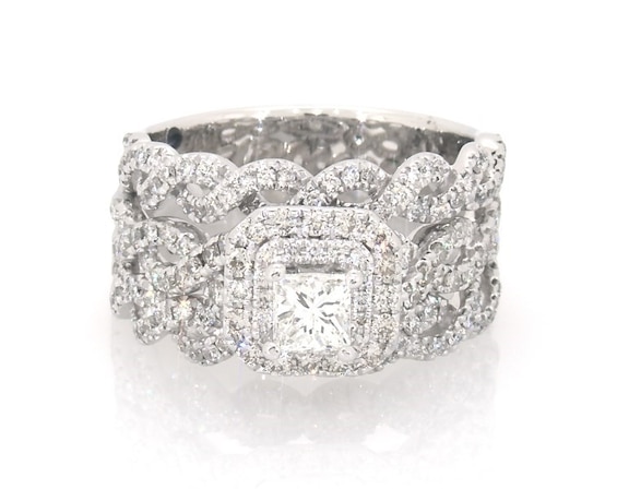 Previously Owned Princess-Cut Diamond Double Halo Bridal Set 1-3/8 ct tw 14K White Gold Size 7.75