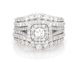 Previously Owned Round-Cut Lab-Grown Diamond Double Halo Bridal Set 2-7/8 ct tw 14K White Gold Size 6.75