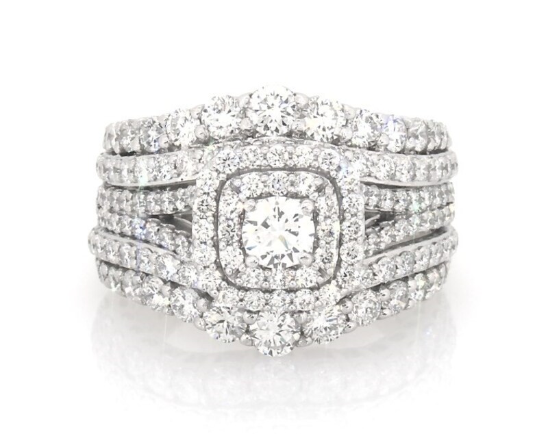 Main Image 1 of Previously Owned Round-Cut Lab-Grown Diamond Double Halo Bridal Set 2-7/8 ct tw 14K White Gold Size 6.75