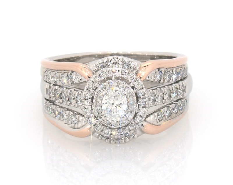 Main Image 1 of Previously Owned Oval-Cut Diamond Double Halo Bridal Set 3/4 ct tw 14K Two-Tone Gold Size 6.5