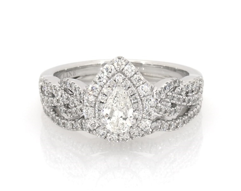 Main Image 1 of Previously Owned Neil Lane Pear-Shaped Diamond Double Halo Braided Bridal Set 7/8 ct tw 14K White Gold Size 7.25