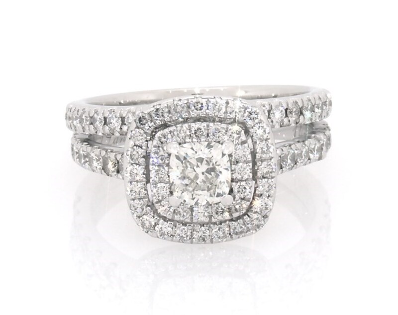 Main Image 1 of Previously Owned Neil Lane Cushion-Cut Diamond Double Halo Bridal Set 1-1/3 ct tw 14K White Gold Size 6.75