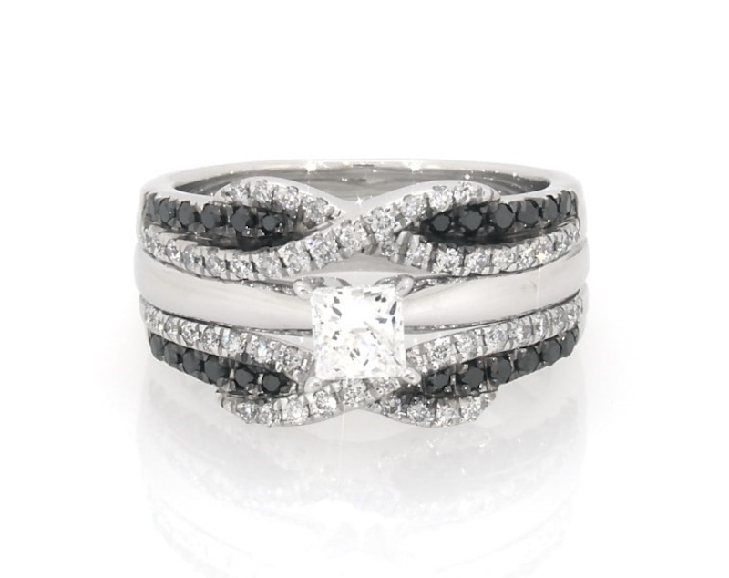 Main Image 1 of Previously Owned Princess-Cut White Diamond & Black Diamond Bridal Set 3/4 ct tw 14K White Gold Size 5