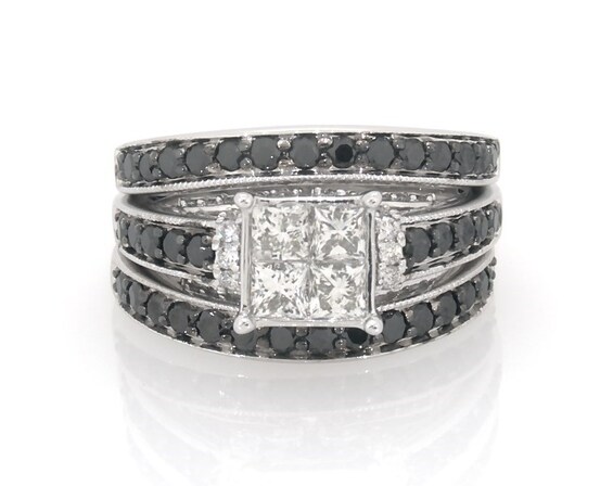 Previously Owned Princess-Cut Quad White Diamond & Black Diamond Bridal Set 1-3/8 ct tw 14K White Gold Size 5