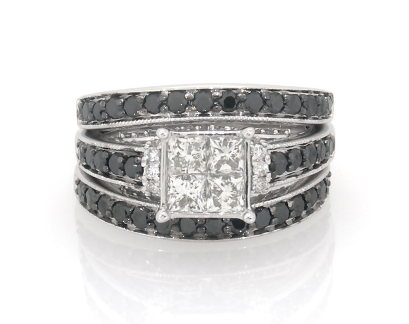 Main Image 1 of Previously Owned Princess-Cut Quad White Diamond & Black Diamond Bridal Set 1-3/8 ct tw 14K White Gold Size 5