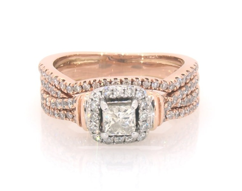 Main Image 1 of Previously Owned Princess-Cut Diamond Halo Bridal Set 7/8 ct tw 14K Two-Tone Gold Size 5.25