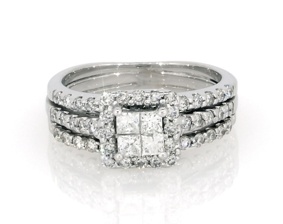 Previously Owned Princess-Cut Quad Diamond Halo Bridal Set 3/4 ct tw 14K White Gold 4.5