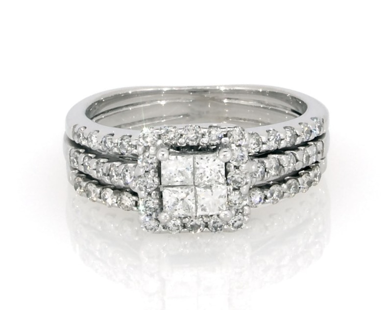 Main Image 1 of Previously Owned Princess-Cut Quad Diamond Halo Bridal Set 3/4 ct tw 14K White Gold Size 4.5