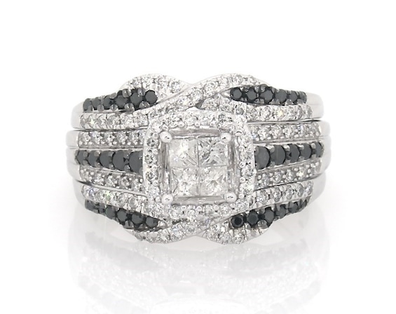 Previously Owned Princess-Cut Quad White & Black Diamond Bridal Set 1-1/8 ct tw 14K White Gold Size 8.75