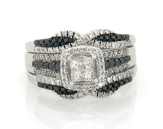 Previously Owned Princess-Cut Quad Black & White Diamond Bridal Set 1-1/8 ct tw 14K White Gold Size 6