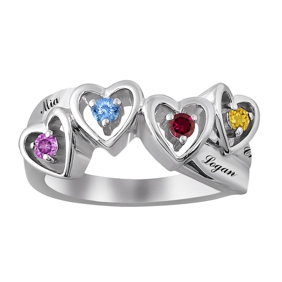 Round Birthstone Family & Mother's Heart Ring (1-4 Stones and 2-4 Lines)