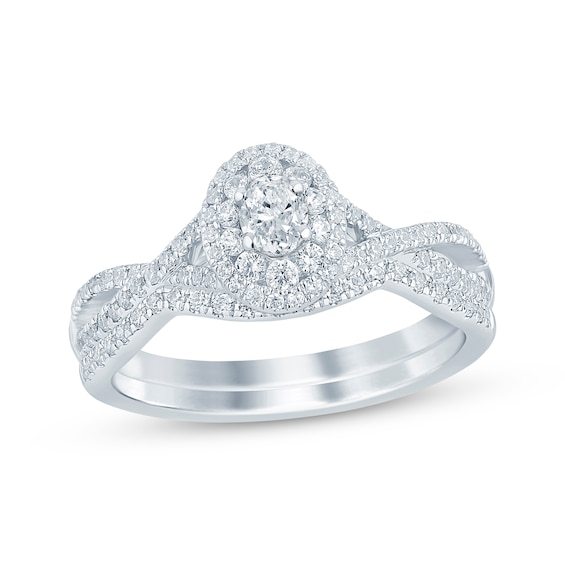 Previously Owned Oval-Cut Diamond Double Halo Bridal Set 1/2 ct tw 14K White Gold