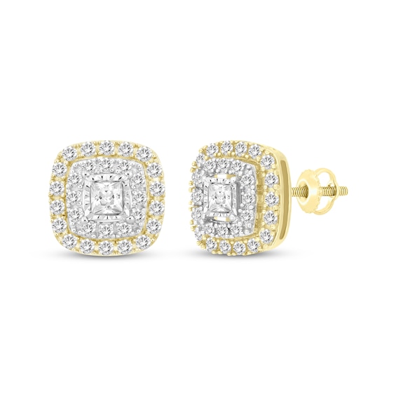 Previously Owned Princess-Cut Diamond Stud Cushion Halo Earrings 1/2 ct tw 10K Yellow Gold