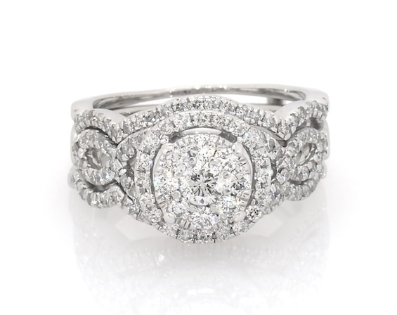 Previously Owned Round-Cut Diamond Double Halo Bridal Set 1-1/4 ct tw 14K White Gold Size 7.25