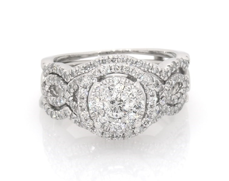 Main Image 1 of Previously Owned Round-Cut Diamond Double Halo Bridal Set 1-1/4 ct tw 14K White Gold Size 7.25